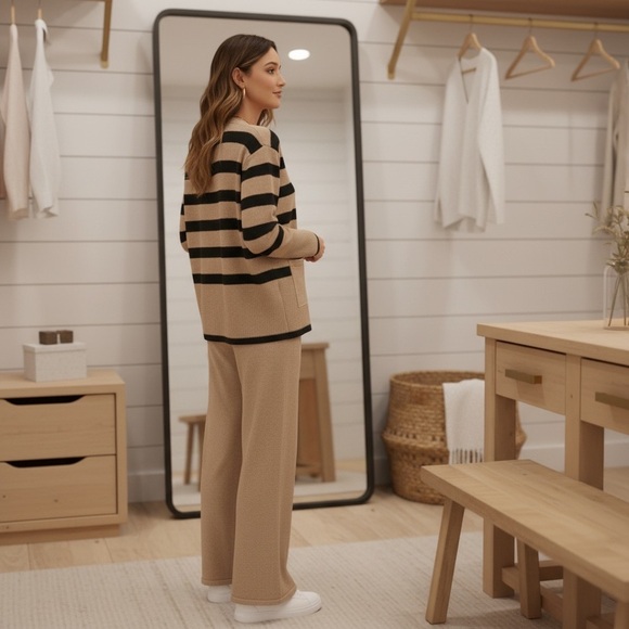 Viottiset Tan & Black Striped Lounge 2 Piece Set XL Button Top & Wide Leg Pants - Picture 2 of 10